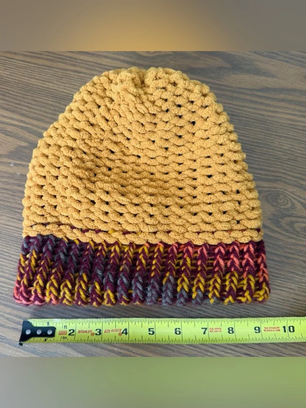 Handmade Mustard Yellow Knit Beanie with Multicolor Brim Fabric One Size